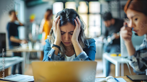 Stressed person looking overwhelmed by toxic work environment, feeling pressure and exhaustion from job. photo