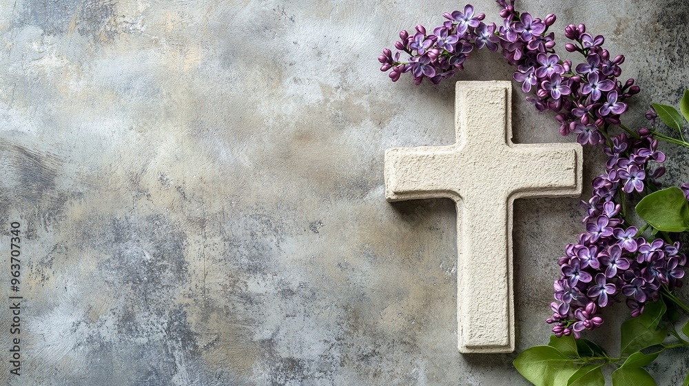 White cross and violet or purple lilac blossom on old background for a condolence card..generative ai White cross and violet or purple lilac blossom on old background for a condolence card..generative ai