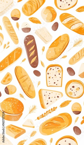 Pattern of Breads, Baguettes, and Pastries on White Background with Copy Space for Text