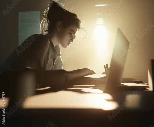 Woman Typing at Laptop in Lamplit Room photo