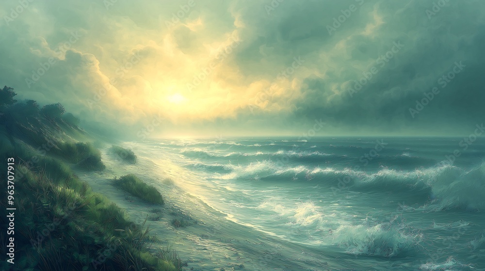 Fototapeta premium Stormy Ocean Waves Crashing on Shore at Sunset