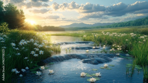 Serene River Waterfall Sunset with Water Lilies