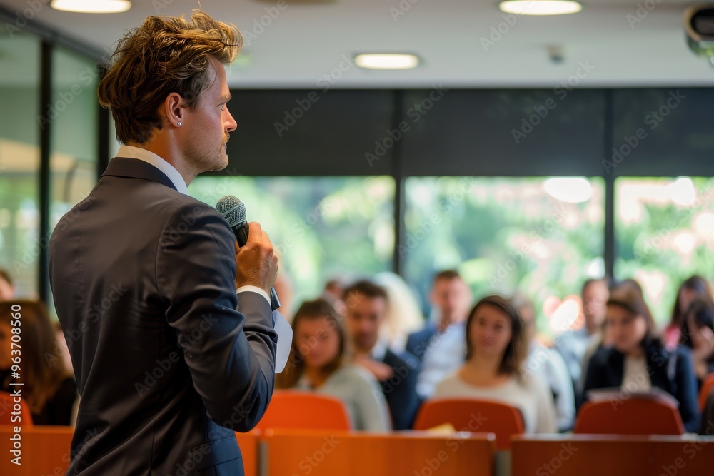 Engaging lecture on public speaking techniques in a university auditorium with attentive students during a weekday afternoon session Engaging lecture on public speaking techniques in a university auditorium with attentive students during a weekday afternoon session