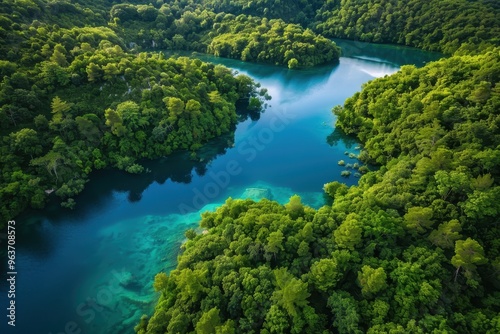 Aerial view of tranquil river winding through lush green forests in a serene landscape during the golden hour of sunset