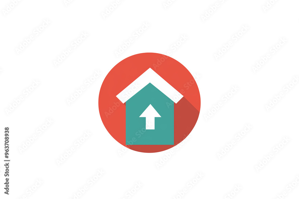 A simple and modern flat design icon representing a house, featuring a teal home with a white roof inside a red circular background. A simple and modern flat design icon representing a house, featuring a teal home with a white roof inside a red circular background.