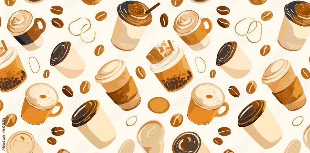 Obraz premium Seamless Pattern of Coffee Cups in Line Art Style with Brown Lines on White Background