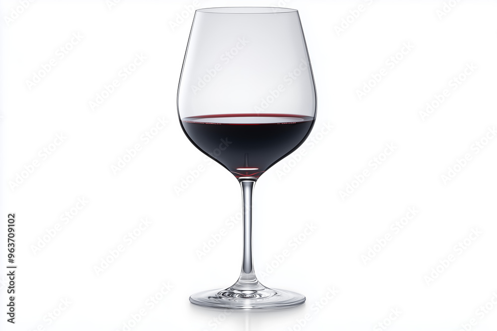 A close-up of a wine glass filled with red wine against a clean, white background. 