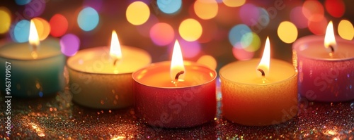 Colorful tealight candles with bokeh lights