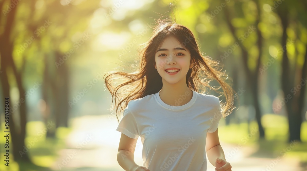 Teenage girl joyfully running on a sunlit path in a park Teenage girl joyfully running on a sunlit path in a park
