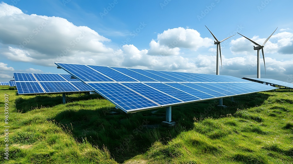 Solar panels and wind turbines combined in a scene symbolizing the green energy revolution, representing the urgent shift toward renewable resources to mitigate the adverse effects of climate change. Solar panels and wind turbines combined in a scene symbolizing the green energy revolution, representing the urgent shift toward renewable resources to mitigate the adverse effects of climate change.