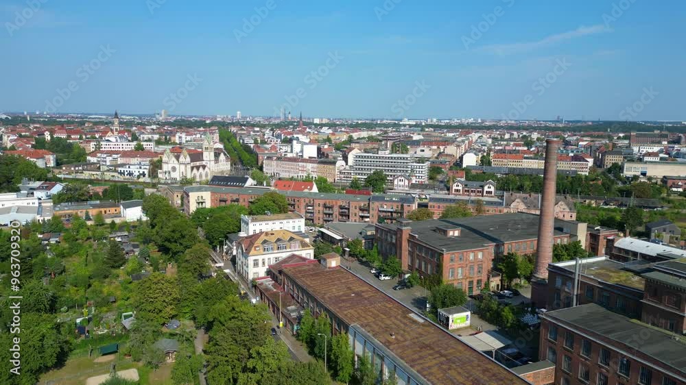 Leipzig spinning mill brick buildings chimney. Great aerial view flight drone Leipzig spinning mill brick buildings chimney. Great aerial view flight drone