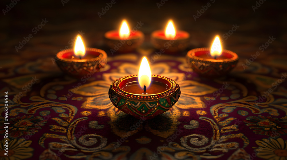 A festive Diwali display of six glowing oil lamps on an intricate patterned fabric, creating a warm and spiritual atmosphere A festive Diwali display of six glowing oil lamps on an intricate patterned fabric, creating a warm and spiritual atmosphere