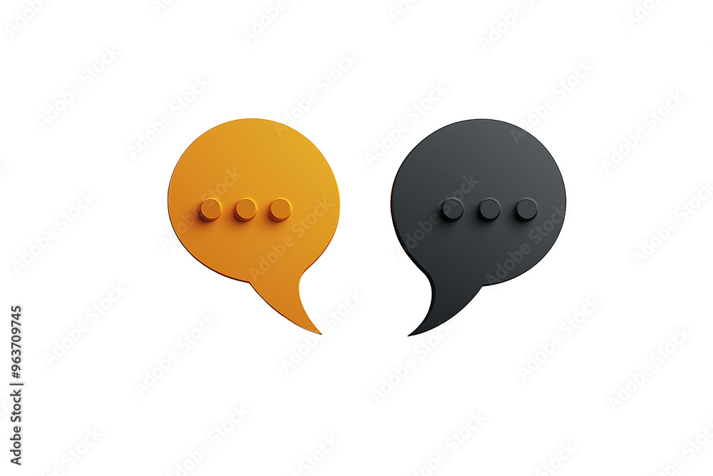 A minimalist representation of two speech bubbles, one in black and the other in yellow, on a white background. A minimalist representation of two speech bubbles, one in black and the other in yellow, on a white background.