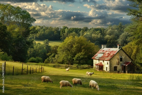 Picturesque rural landscape with sheep grazing in lush green fields near a charming farmhouse under a dramatic sky in the early afternoon