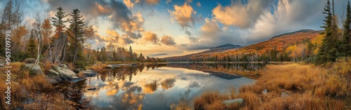 Vibrant autumn sunset over a tranquil lake surrounded by colorful trees