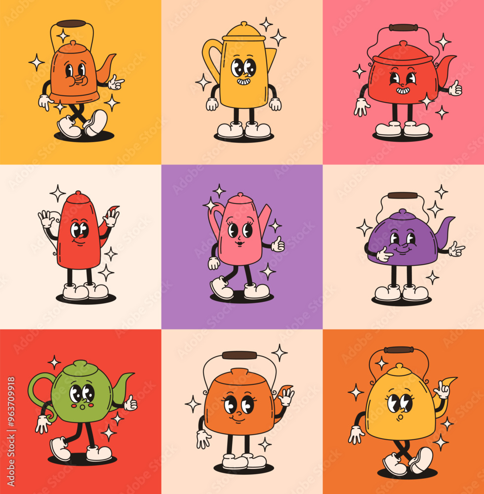 Obraz premium Set of different groovy teapot and coffee kettle characters. Flat vector illustration.