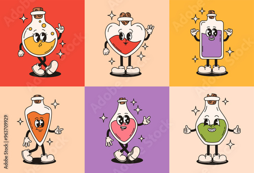 Set of groovy characters of bottles with magic potions. Flat vector illustration.
