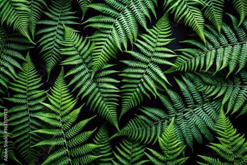 Illustrate a dramatic and intricate pattern of overlapping dark green ferns with varying sizes and orientations on a pure black background, emphasizing depth and dimension.