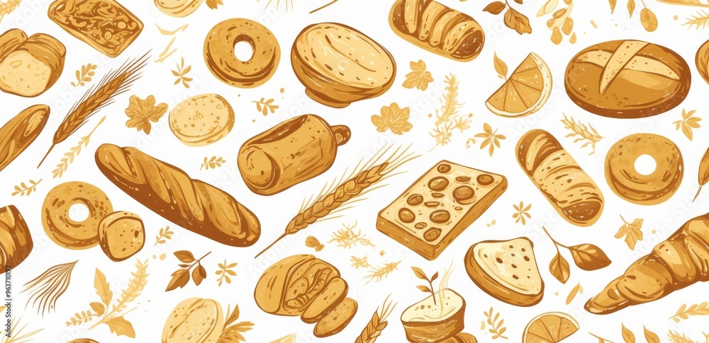 Seamless Pattern of Line Art Doodles Featuring Breads, Pastries, and Bakery Products Seamless Pattern of Line Art Doodles Featuring Breads, Pastries, and Bakery Products