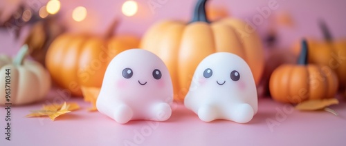 Stylish Halloween Setup with Adorable Pastel Colored Ghosts and Pumpkins on a Cozy Backdrop Offering a Peaceful and Serene Atmosphere