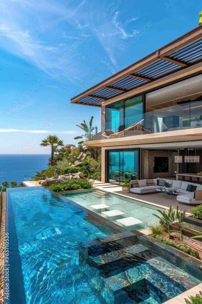 Fototapeta premium Luxurious Coastal House with Infinity Pool and Solar Panels Overlooking Ocean - Perfect for Posters