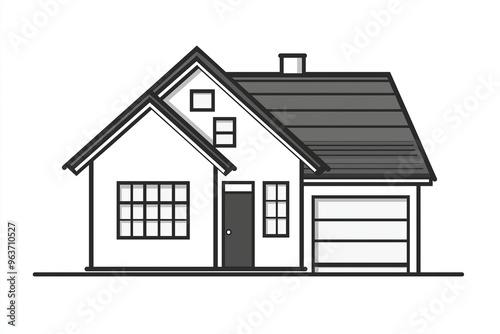 Simple black-and-white line art of a two-story residential house with a garage, front porch, and large windows.isolated on white background.