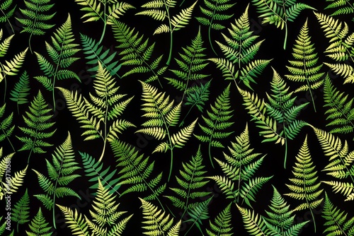 Create a repeating design of layered dark green ferns with delicate fronds and stems on a solid black background, ensuring a seamless pattern repeat.