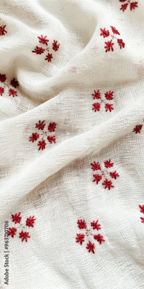 Delicate red embroidered flowers on white fabric in natural light Delicate red embroidered flowers on white fabric in natural light