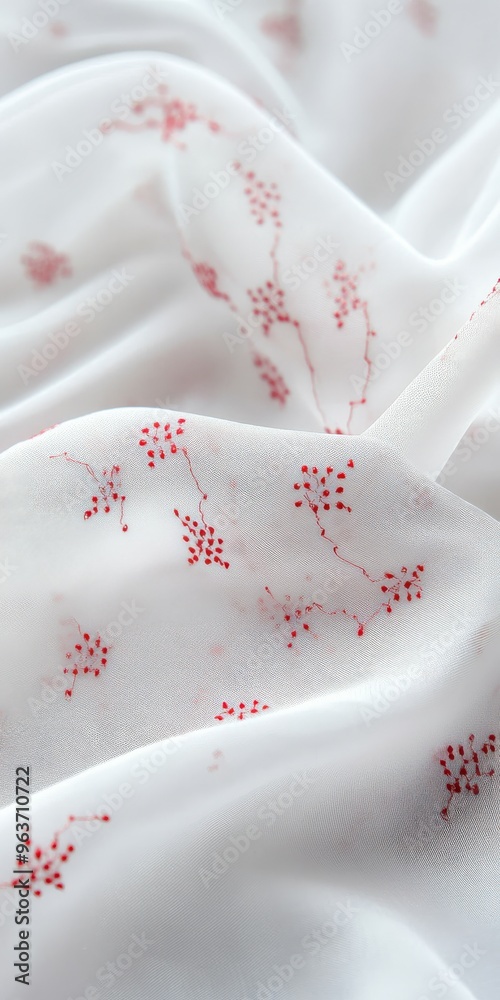 Soft white fabric with delicate red floral patterns in natural light Soft white fabric with delicate red floral patterns in natural light