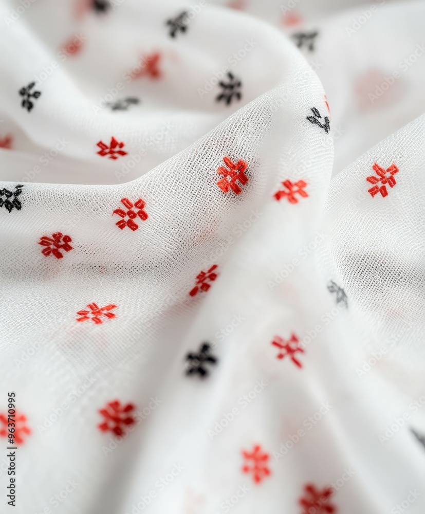 Delicate fabric with embroidered floral patterns in red and black hues Delicate fabric with embroidered floral patterns in red and black hues