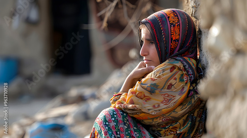 Struggling person in wartorn region, feeling the weight of conflict and devastation all around. photo