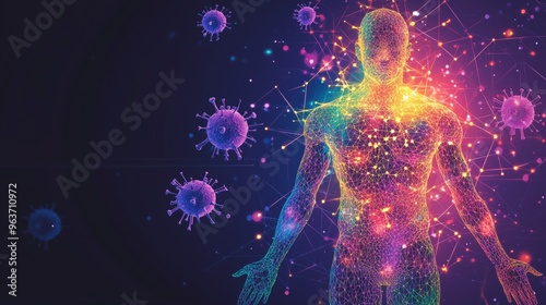 Virus outbreak microscopic view of floating virus cells transmission disease 3D illustration of human body. Generative AI