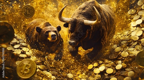 Bear and bull charging in sparks and gold, market surge visual