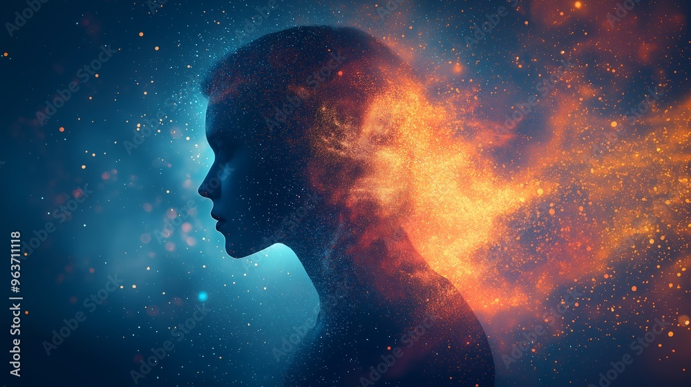 Woman Silhouette Dissolving Into Light Particles Woman Silhouette Dissolving Into Light Particles