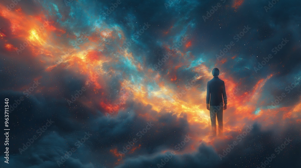 Man Above Clouds Gazes at Colorful Nebula Man Above Clouds Gazes at Colorful Nebula
