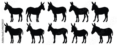 Donkey silhouettes set, animal pack of vector silhouette design, isolated background