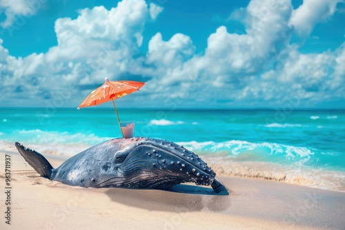 A beached whale rests under a vibrant umbrella on a sunny beach with picturesque clouds and calm turquoise waters during midday photo