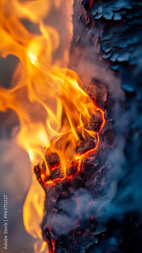 Fototapeta premium Close-up of burning wood with vibrant