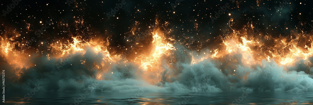 Fototapeta premium Fiery clouds ignite the night sky, creating a dramatic and ethereal scene.