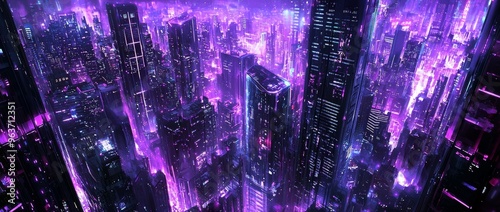 This digital image portrays a haunting city skyline with neon lights emanating from towering skyscrapers featuring ghostly neon ghosts photo