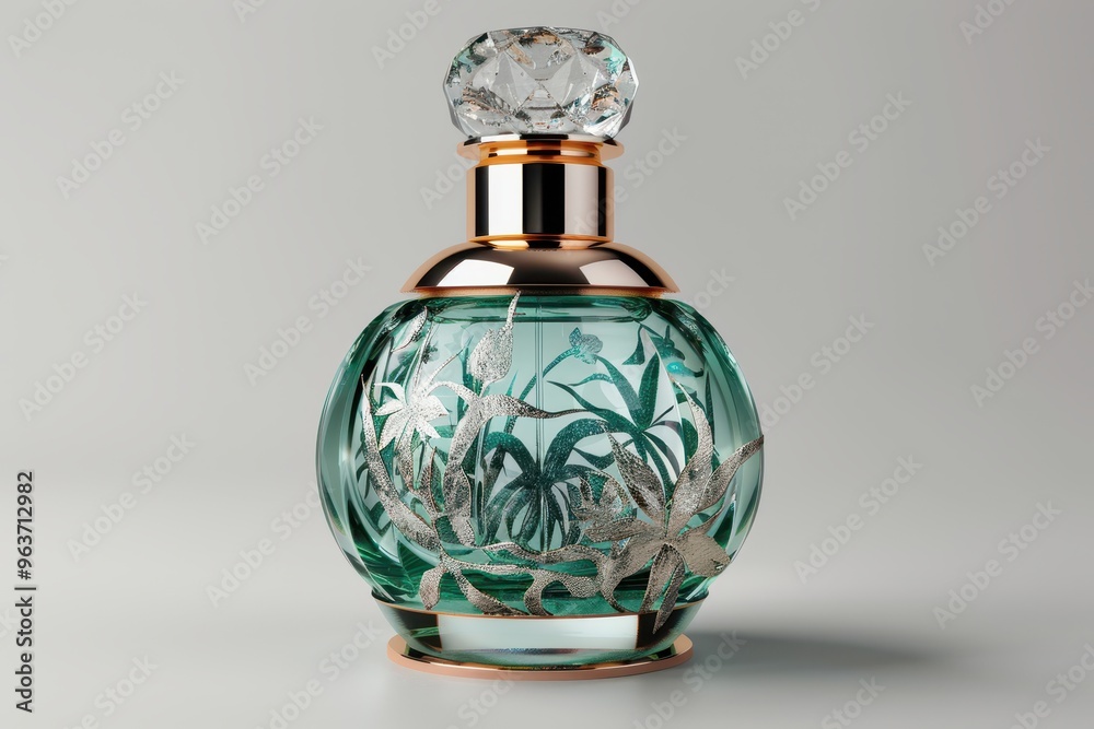 Elegant glass perfume bottle with intricate floral design resting against a soft gray background, showcasing its beauty and craftsmanship in detail Elegant glass perfume bottle with intricate floral design resting against a soft gray background, showcasing its beauty and craftsmanship in detail