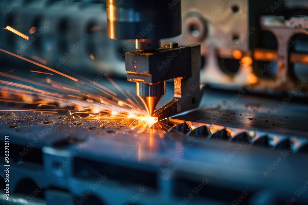 High-precision laser cutting machine in action, creating sparks as it processes metal sheets in a workshop at night High-precision laser cutting machine in action, creating sparks as it processes metal sheets in a workshop at night