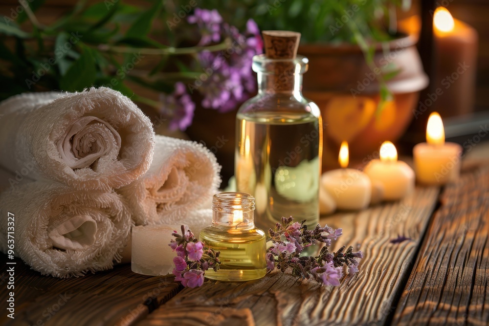 Lavender and herbs arranged on a wooden table with candles and essential oils, creating a tranquil atmosphere in a cozy space during sunset Lavender and herbs arranged on a wooden table with candles and essential oils, creating a tranquil atmosphere in a cozy space during sunset