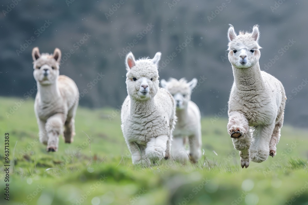 A group of friendly alpacas joyfully running across a lush green field on a sunny afternoon in a serene rural setting A group of friendly alpacas joyfully running across a lush green field on a sunny afternoon in a serene rural setting