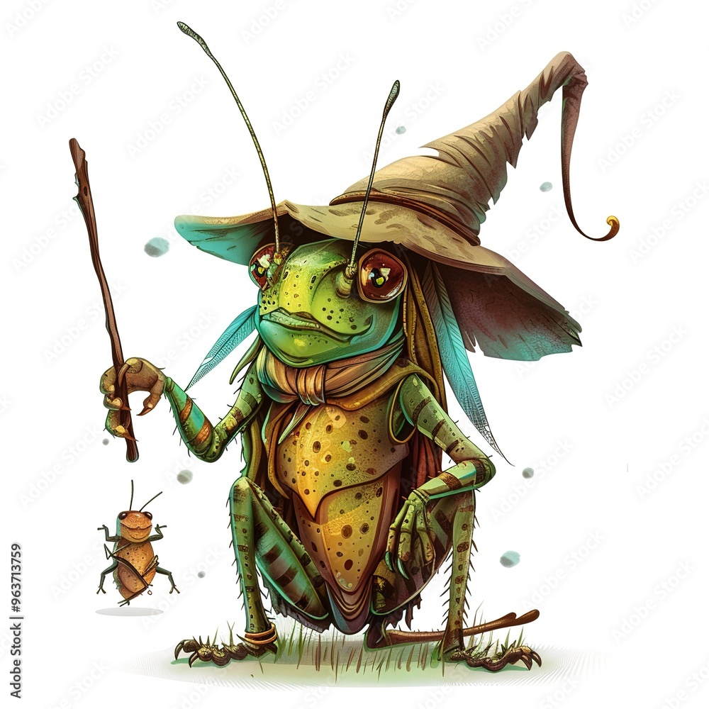 Fototapeta premium Grasshopper Enchanter Occupation fantasy animal cartoon isolated whitebackground
