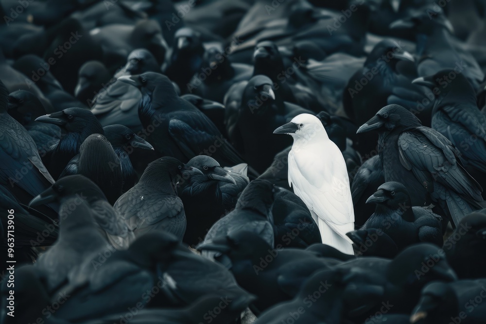 Uncommon sight - a white crow in a flock of black crows, illustrating ...