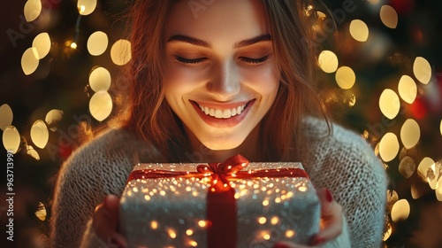 A smiling woman holds a sparkling Christmas gift against a festive holiday background with glowing Bokeh lights and winter greenery.