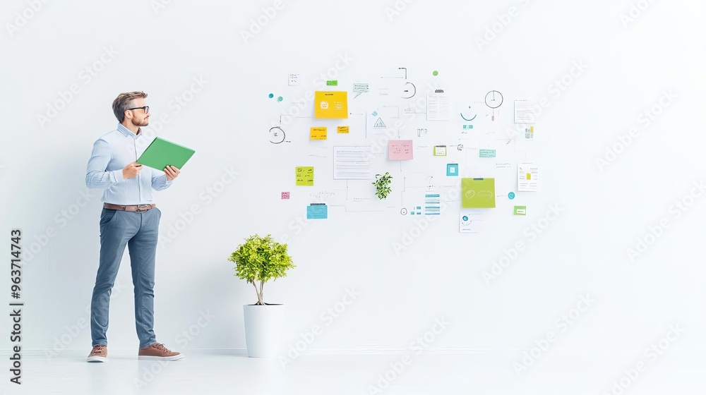 A creative workspace with a whiteboard in the background, showing a young entrepreneur holding a green startup guide, with ample space around for text natural light fills the room A creative workspace with a whiteboard in the background, showing a young entrepreneur holding a green startup guide, with ample space around for text natural light fills the room