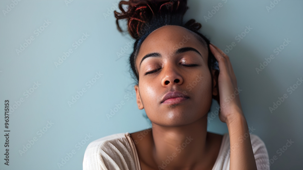 Fototapeta premium Person staring at distorted reflection in mirror, feeling overwhelmed by body image insecurities and struggles.