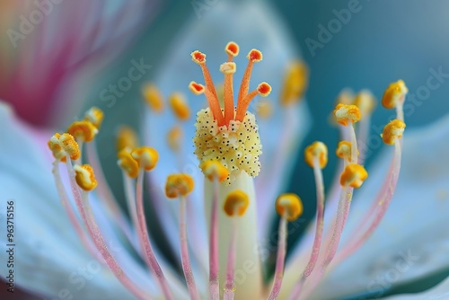 Close-up view of a blooming flower showcasing vibrant petals and intricate stamen details in a serene garden setting during midday